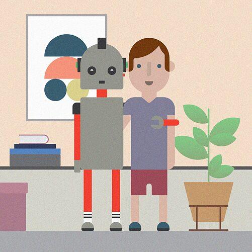 Abstracte afbeelding van een persoon en een robot die lachend zij aan zij staan met links een stapel boeken en rechts een plant in pot.