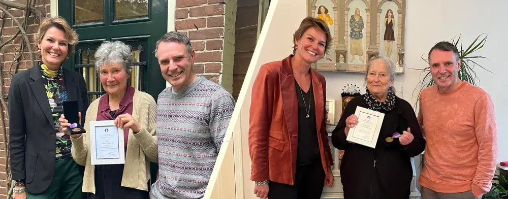 Eveline Aendekerk en Edward van de Vendel met Rita Verschuur (links) en Huberte Vriesendorp (rechts).