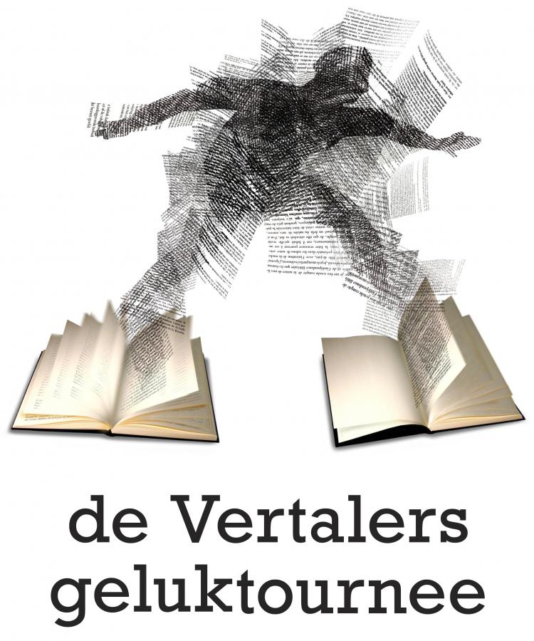 Logo van de Vertalersgeluktournee. De illustratie toont een mens dat van het ene boek in het andere stapt.
