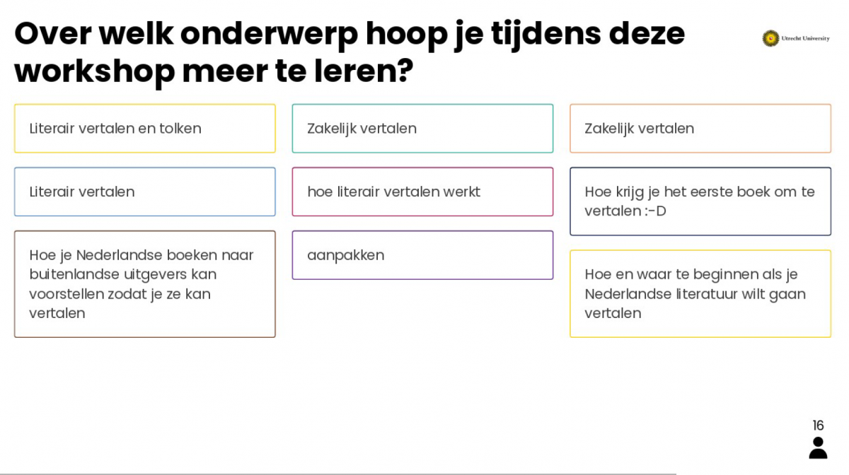 Reacties van de deelnemers in tekstvakken op de vraag: over welke onderwerpen hoop je tijdens deze workshop iets te leren?