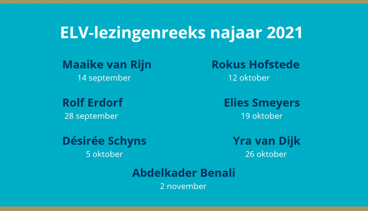 Afbeelding met namen van alle sprekers en data van de online lezingen 2021.
