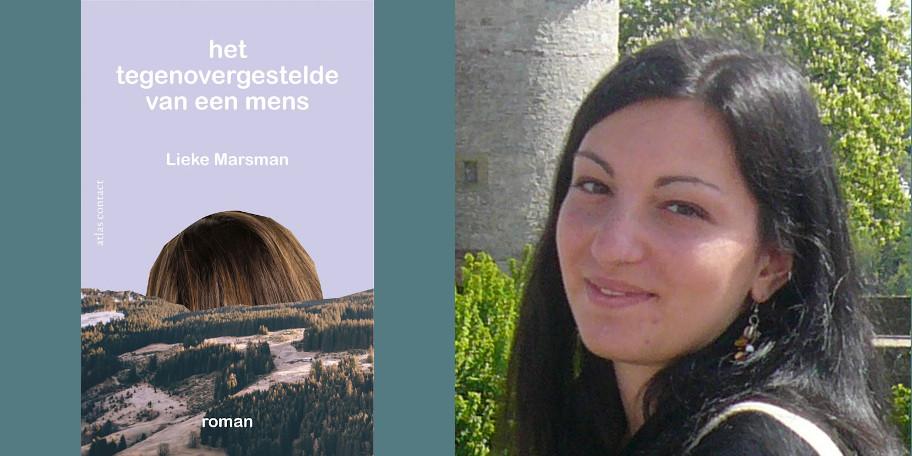 Links een afbeelding van het boek Het tegenovergestelde van een mens. Rechts een foto van Cristina Peligra.