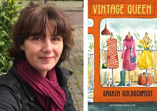 Links een foto van Emmanuelle Tardif en rechts het omslag van haar vertaling Vintage Queen.