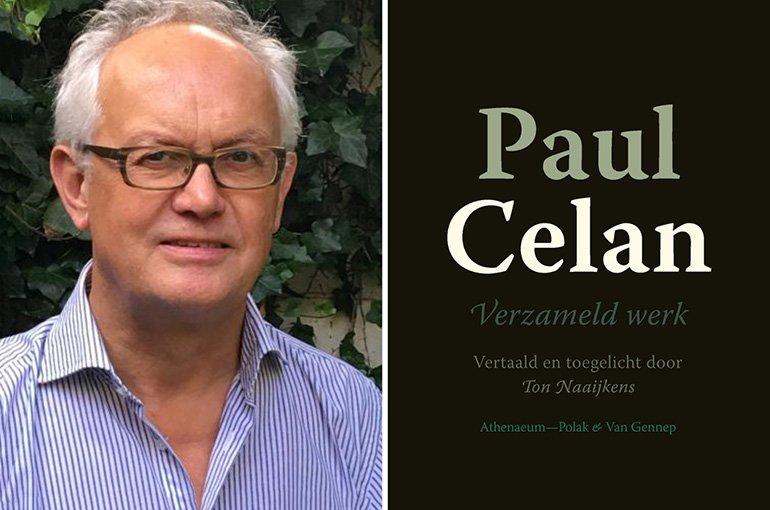 Een collage met links een foto van Ton Naaijkens en rechts het omslag van zijn vertaling van Verzameld werk van Paul Celan.