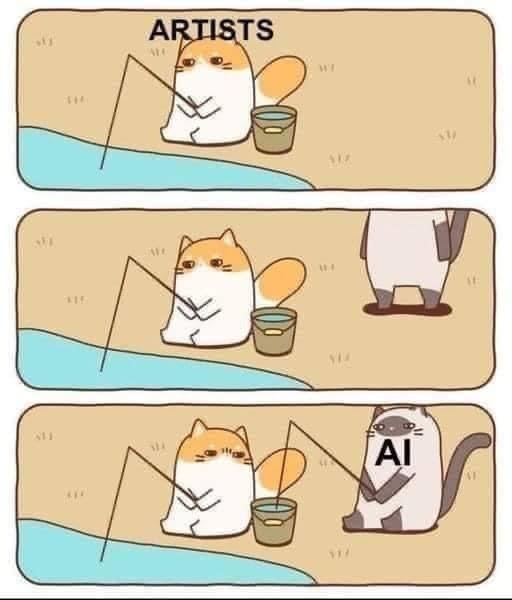  Een kat vist met een hengel en bewaart diens vangst in een emmertje naast zich. Dan komt een tweede kat die begint te hengelen in het emmertje van de eerste kat. De eerste kat representeert kunstenaars, de tweede AI