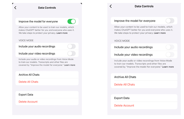 Screenshot van privacy-instellingen ChatGPT