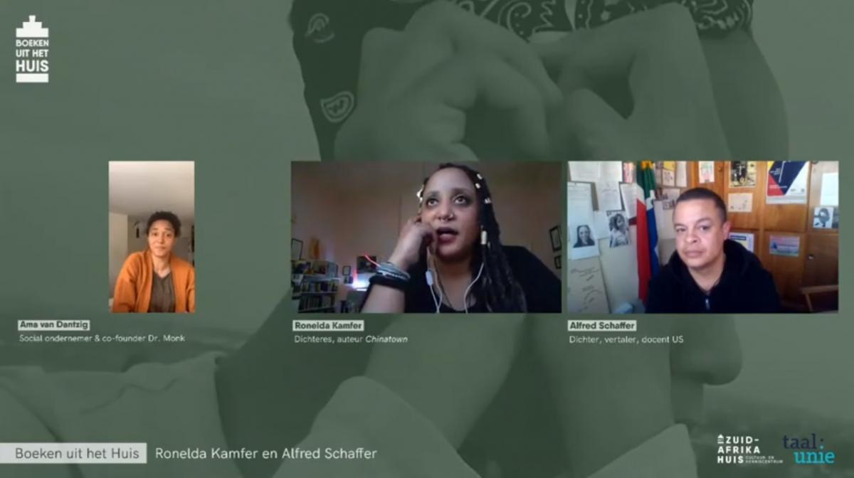 Screenshot van de online lezing met de drie sprekers naast elkaar in beeld.